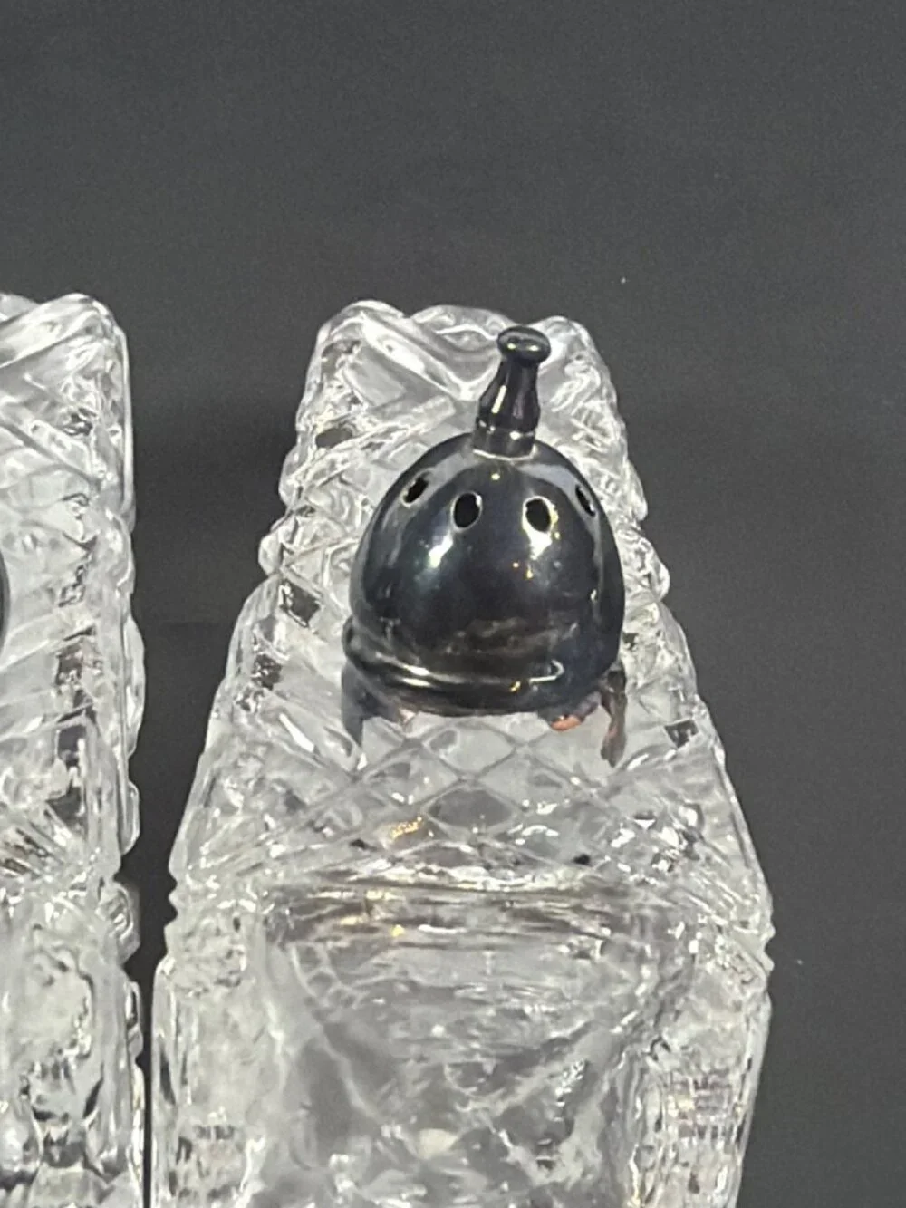 VTG 50s Crystal Salt Pepper Shakers Heavy Cut Glass Diamond Pattern AS IS Parts - Picture 7 of 14